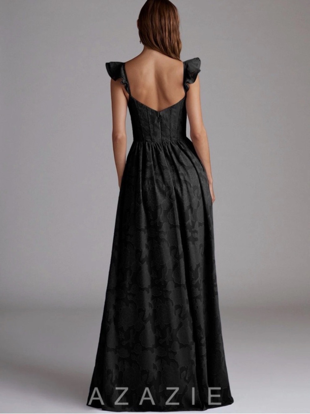 Azazie Denisse Black Floral Jacquard Sweetheart Gown with High Slit Size 0 - Picture 3 of 4